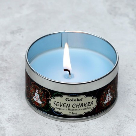 🌈🕯️ Bougie à la Cire de Soja dans Boîte en Étain Goloka – Sept Chakras