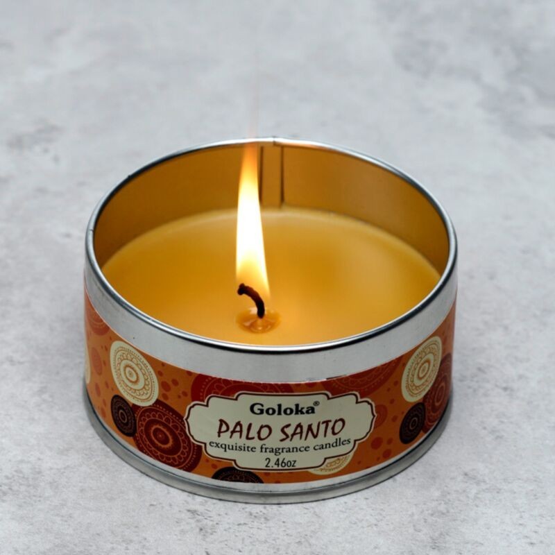 🌿🕯️ Bougie à la Cire de Soja dans Boîte en Étain Goloka – Palo Santo