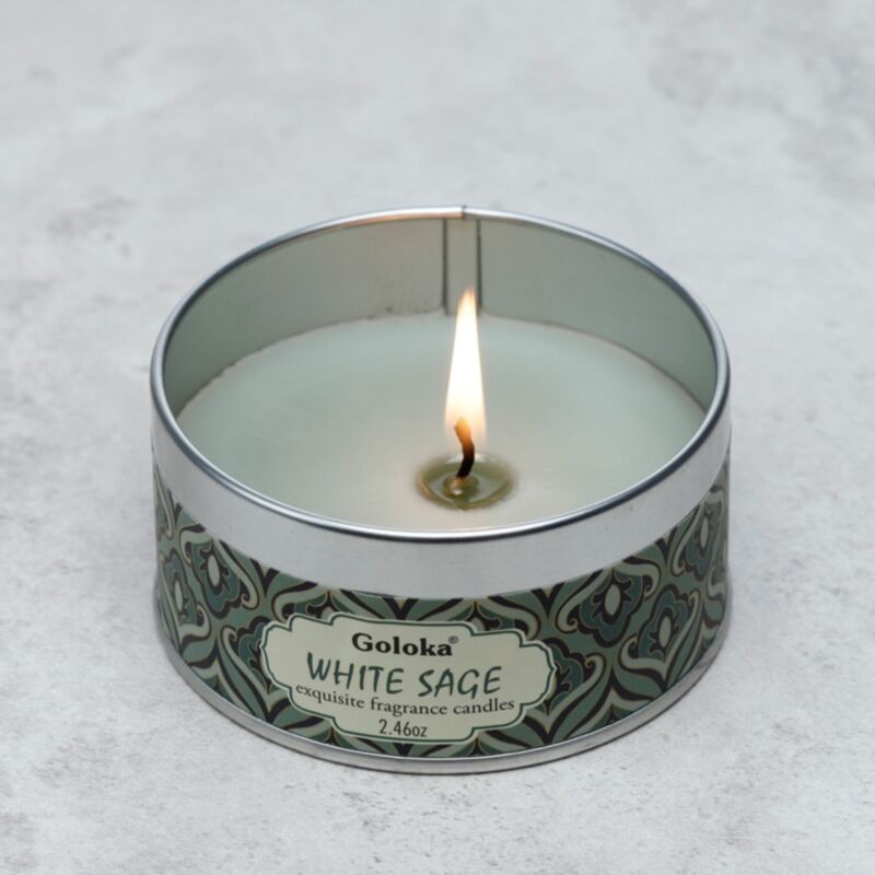 🌿🕯️ Bougie à la Cire de Soja dans Boîte en Étain Goloka – Sauge Blanche