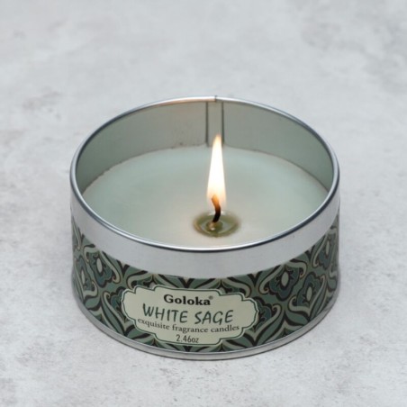 🌿🕯️ Bougie à la Cire de Soja dans Boîte en Étain Goloka – Sauge Blanche