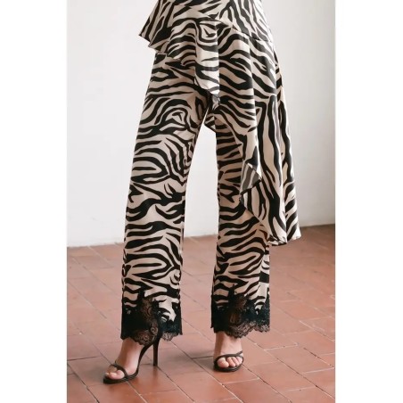 Pantalon Satin Imprimé Zèbre avec Dentelle | Shop Smoking