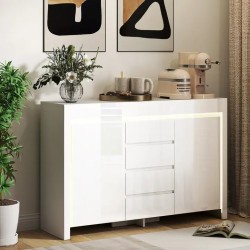 Buffet Salon Blanc LED – Meuble de Rangement 4 Tiroirs