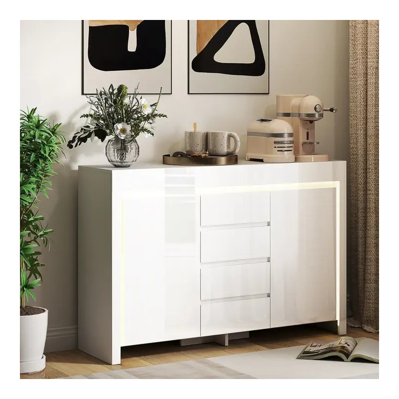 Buffet Salon Blanc LED – Meuble de Rangement 4 Tiroirs