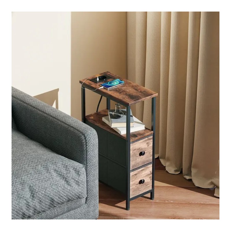 Table d’Appoint avec Chargeur et 2 Tiroirs – Brun Rustique