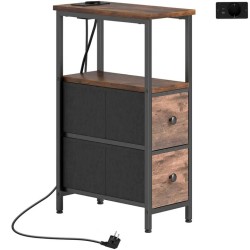 Table d’Appoint avec Chargeur et 2 Tiroirs – Brun Rustique