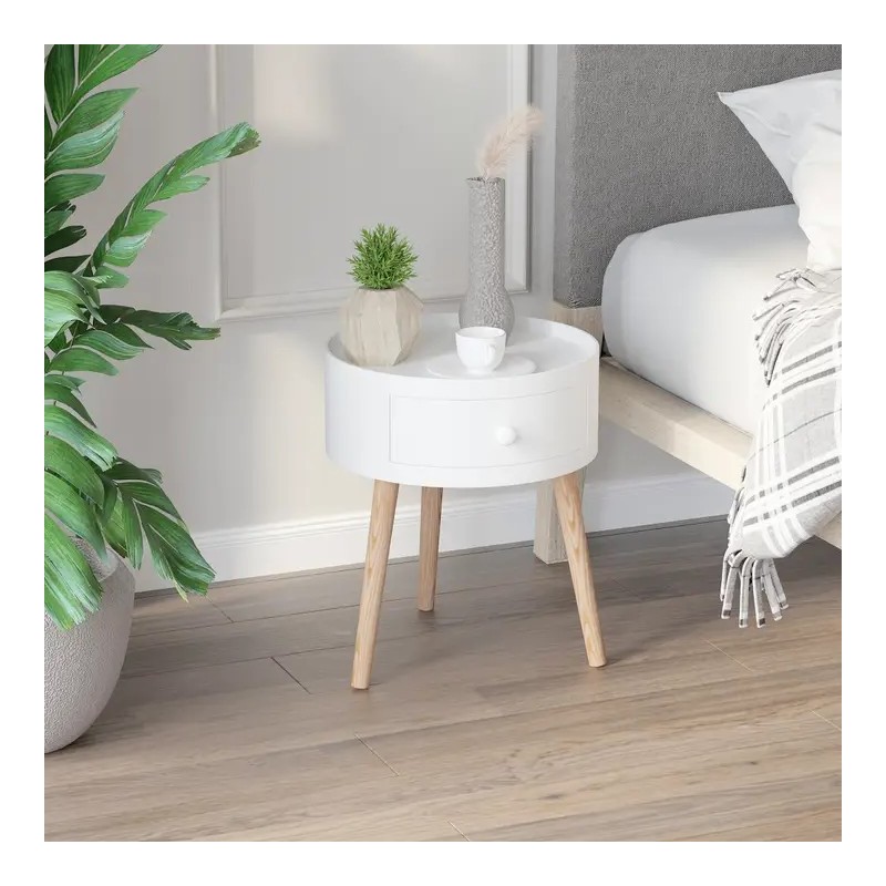 Table Basse Ronde Scandinave avec Tiroir – Design Élégant