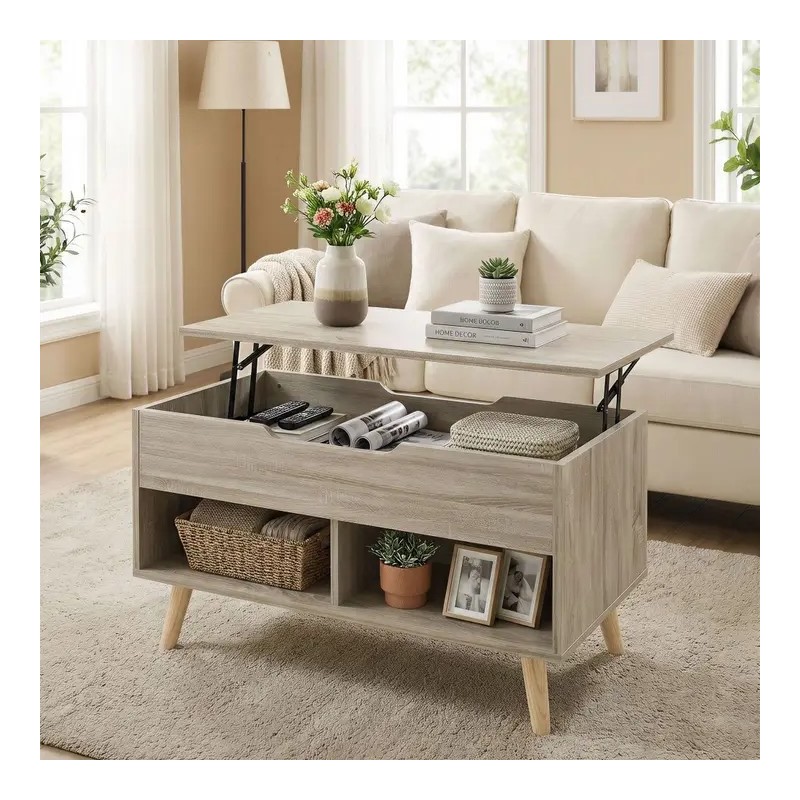 Table Basse Relevable Bois Naturel avec Rangement Caché