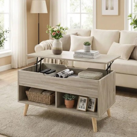 Table Basse Relevable Bois Naturel avec Rangement Caché