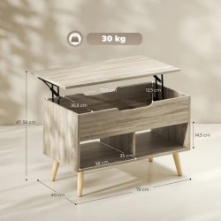 Table Basse Relevable Bois Naturel avec Rangement Caché