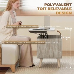 Table Basse Relevable Bois Naturel avec Rangement Caché