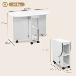 Table à Manger Pliante sur Roulettes Blanche 120 × 60 cm