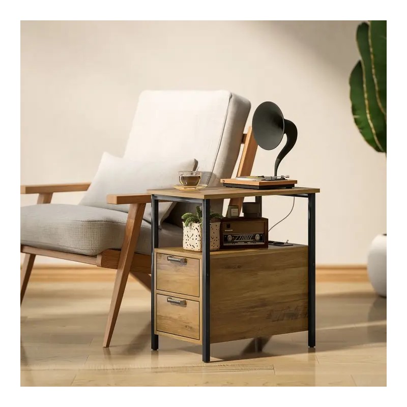 Table de Chevet en Bois avec 2 Ports USB et Tiroirs