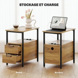 Table de Chevet en Bois avec 2 Ports USB et Tiroirs
