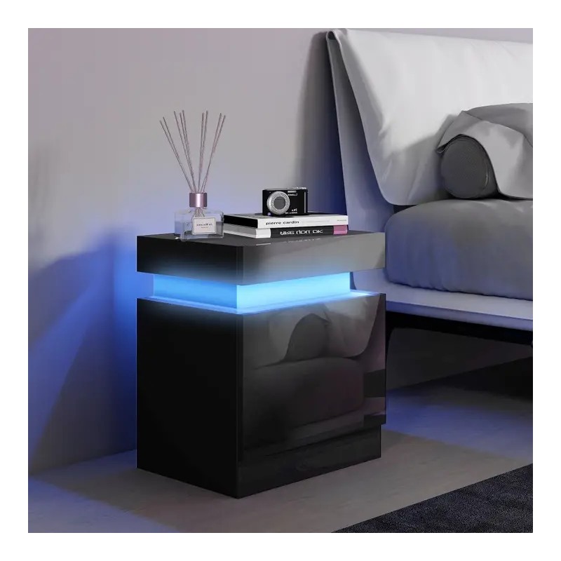 Table de Chevet LED RVB Noire avec 2 Tiroirs