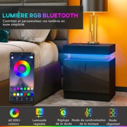Table de Chevet LED RVB Noire avec 2 Tiroirs