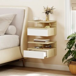 Lot de 2 Tables de Chevet Murales Blanc et Chêne 35 cm