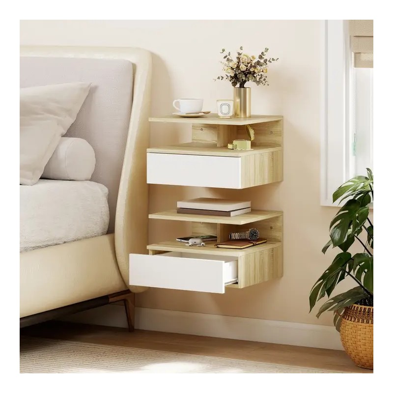 Lot de 2 Tables de Chevet Murales Blanc et Chêne 35 cm