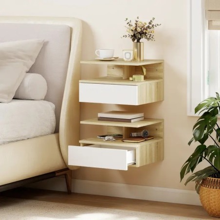 Lot de 2 Tables de Chevet Murales Blanc et Chêne 35 cm