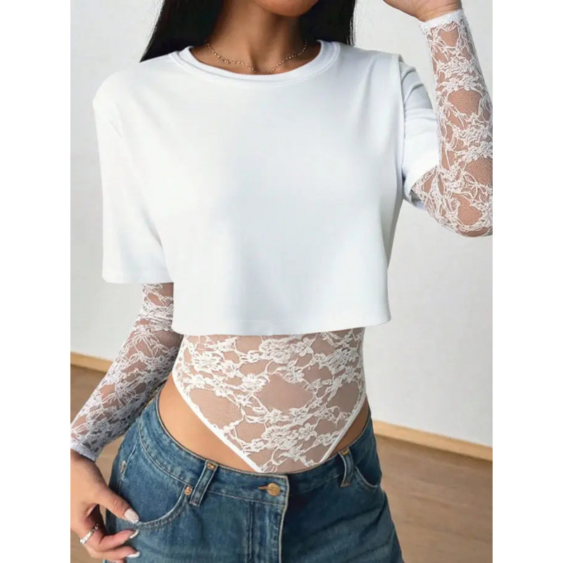 Body Patchwork Dentelle Femme – T-Shirt Court Sexy