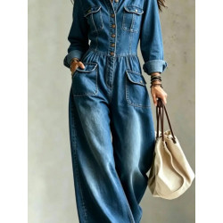 Combinaison Cargo Femme en Denim Délavé – Jambes Larges