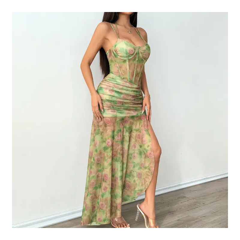 Robe Maxi Corset Léopard Femme – Résille et Fente