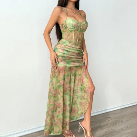 Robe Maxi Corset Léopard Femme – Résille et Fente