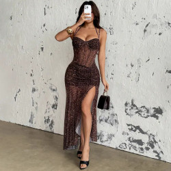 Robe Maxi Corset Léopard Femme – Résille et Fente