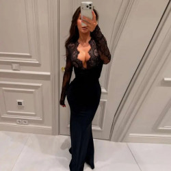 Robe moulante noire en dentelle femme – Col V plongeant
