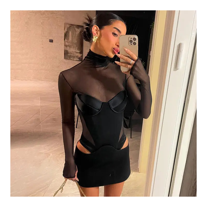 Robe mini moulante sexy femme en mesh avec découpes