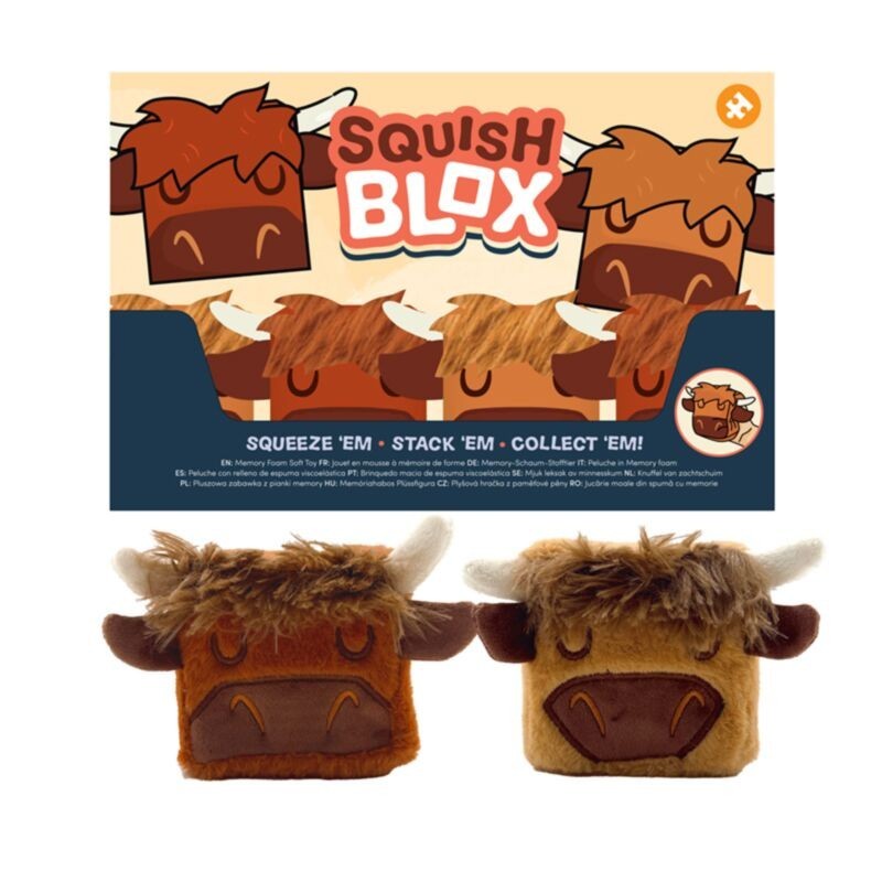 🐮🤎 Jouet Peluché à Mémoire de Forme - Squish Blox Vache des Highlands Coo Cow (Lot de 12)
